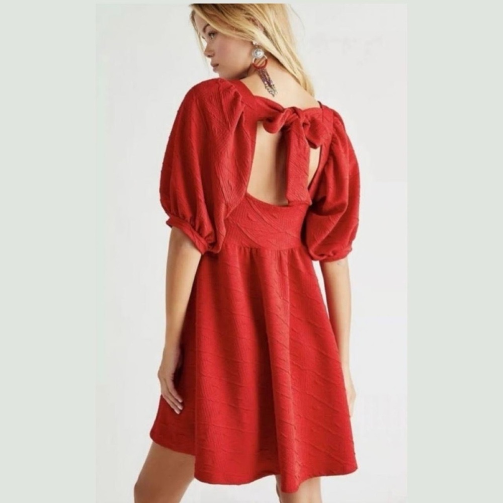 Free People | Red textured puff sleeve bow open back square neck mini dress | S